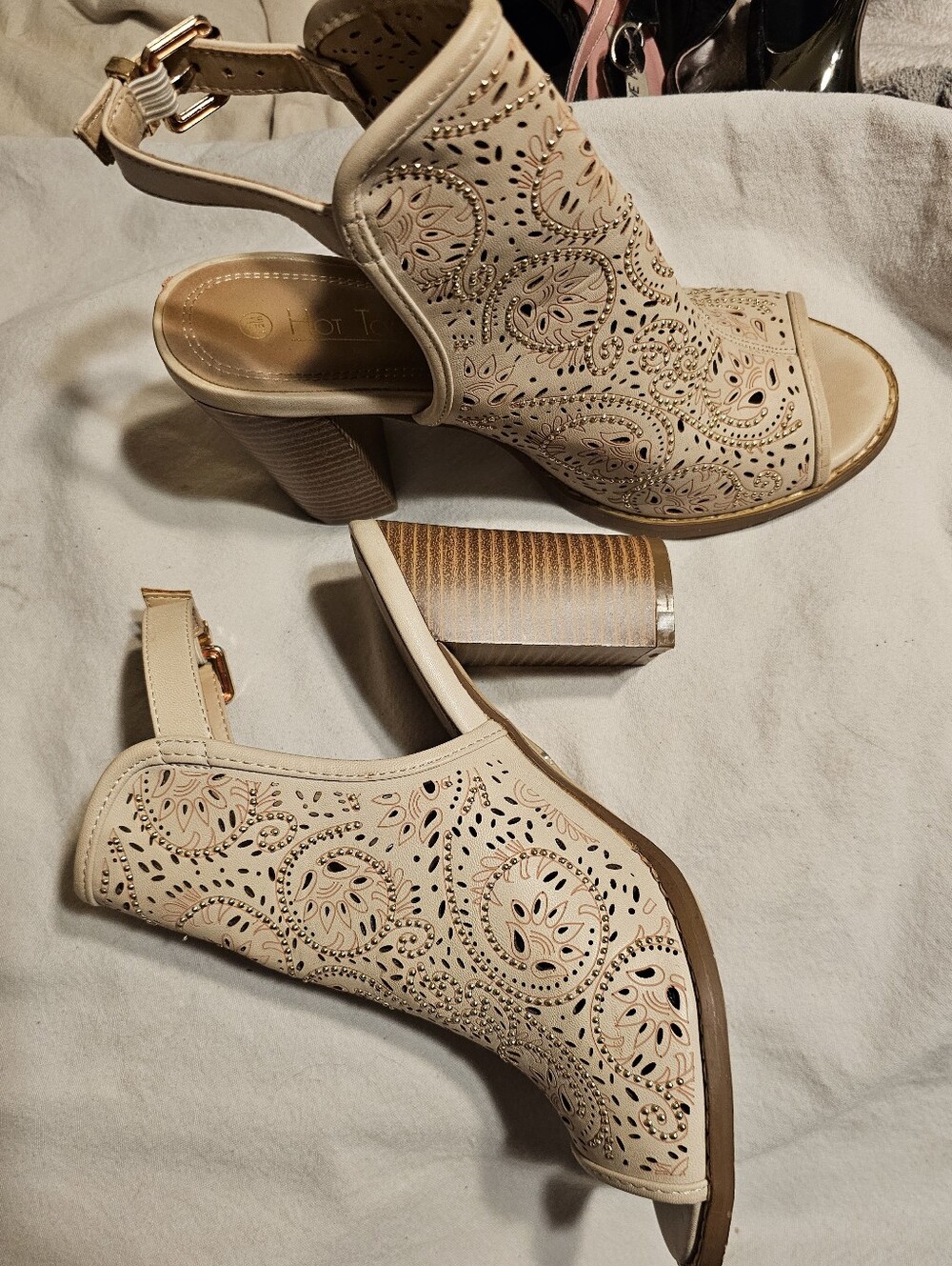 Women's Beige Laser-Cut Peep-Toe Block Heel Sandals